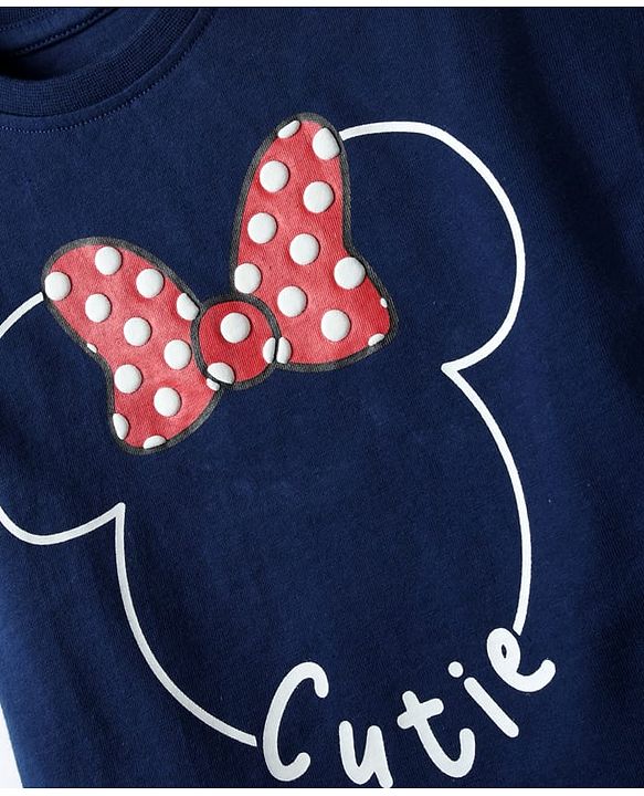 Babyhug Disney Single Jersey Knit Half Sleeves Top & Skirt With Headband & Minnie Mouse Graphics & Badge Detailing - Navy Blue & Red