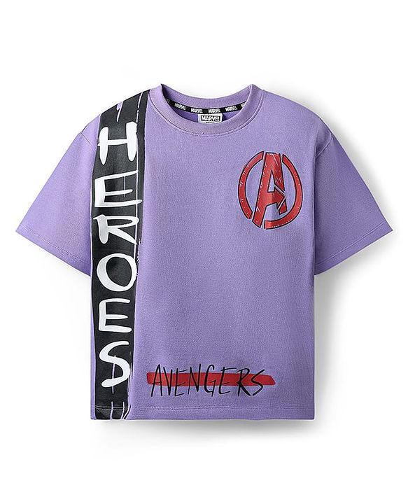 Pine Kids Marvel Terry Knit Oversized Half Sleeves Drop Shoulder T-Shirt With Front And Back Avenger Graphics - Purple