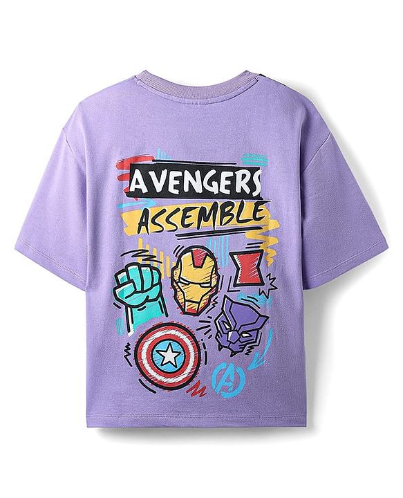 Pine Kids Marvel Terry Knit Oversized Half Sleeves Drop Shoulder T-Shirt With Front And Back Avenger Graphics - Purple