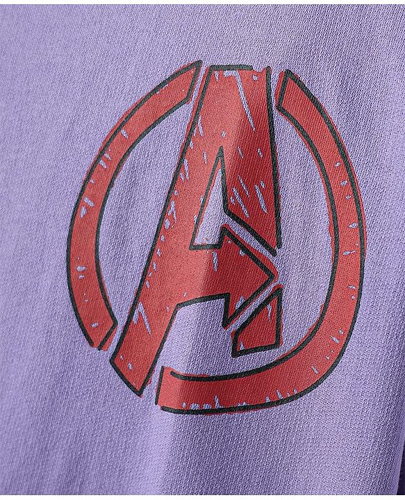 Pine Kids Marvel Terry Knit Oversized Half Sleeves Drop Shoulder T-Shirt With Front And Back Avenger Graphics - Purple