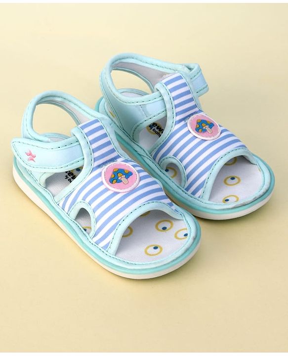 Cute Walk by Babyhug Striped Musical Sandals With Velcro Closure & Mushroom Patch - Light Blue