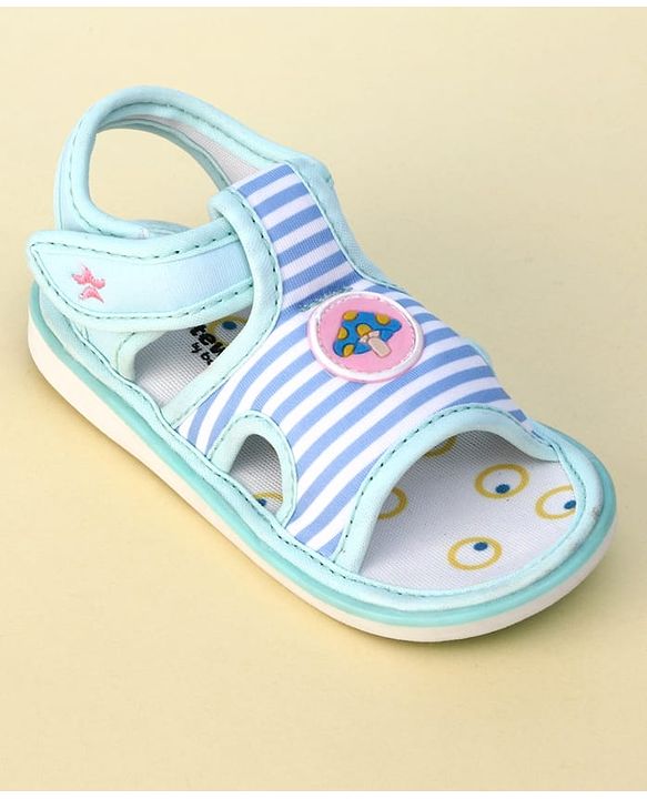 Cute Walk by Babyhug Striped Musical Sandals With Velcro Closure & Mushroom Patch - Light Blue