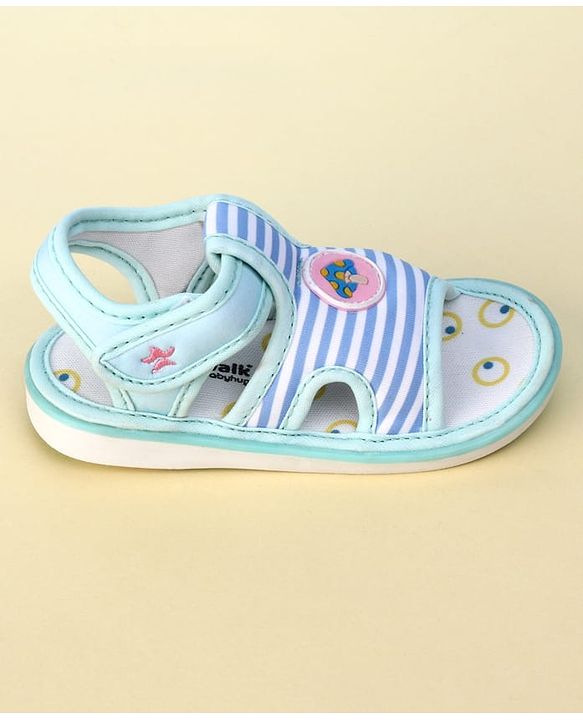Cute Walk by Babyhug Striped Musical Sandals With Velcro Closure & Mushroom Patch - Light Blue