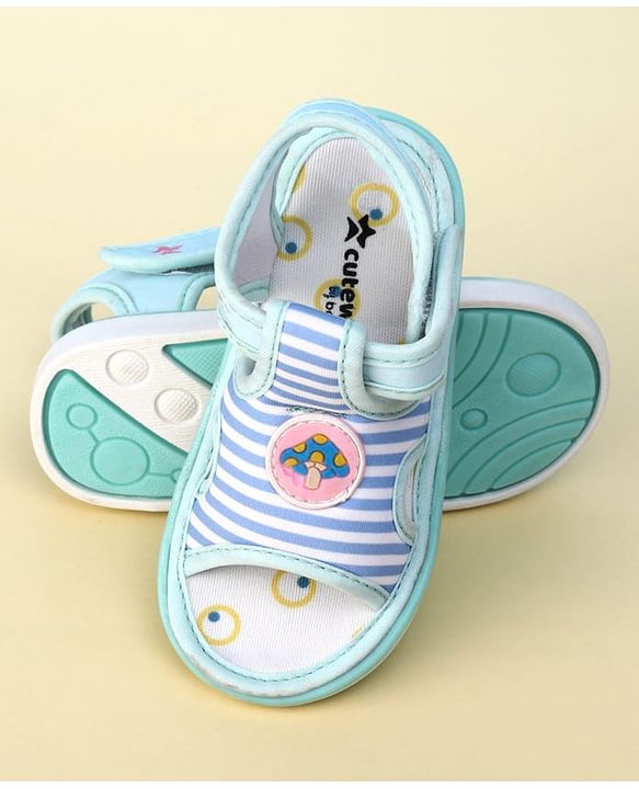 Cute Walk by Babyhug Striped Musical Sandals With Velcro Closure & Mushroom Patch - Light Blue