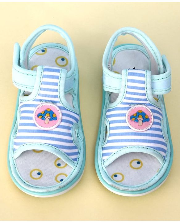 Cute Walk by Babyhug Striped Musical Sandals With Velcro Closure & Mushroom Patch - Light Blue