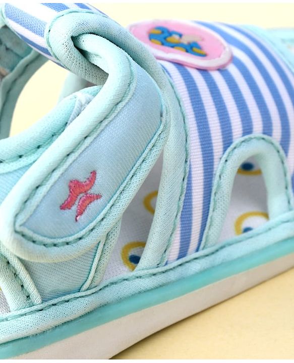 Cute Walk by Babyhug Striped Musical Sandals With Velcro Closure & Mushroom Patch - Light Blue