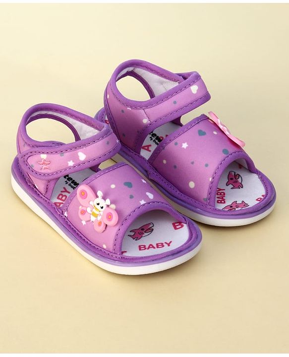 Cute Walk by Babyhug Heart Printed Musical Sandals With Velcro Closure & Butterfly Applique - Purple