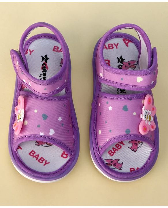 Cute Walk by Babyhug Heart Printed Musical Sandals With Velcro Closure & Butterfly Applique - Purple