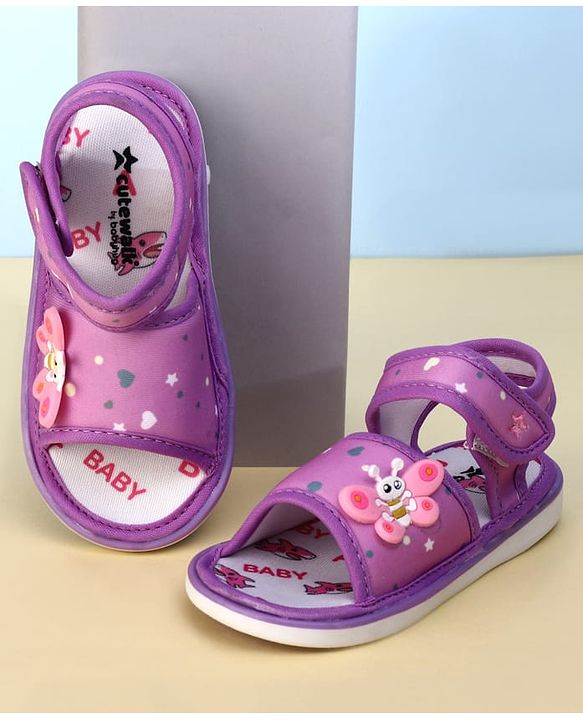 Cute Walk by Babyhug Heart Printed Musical Sandals With Velcro Closure & Butterfly Applique - Purple