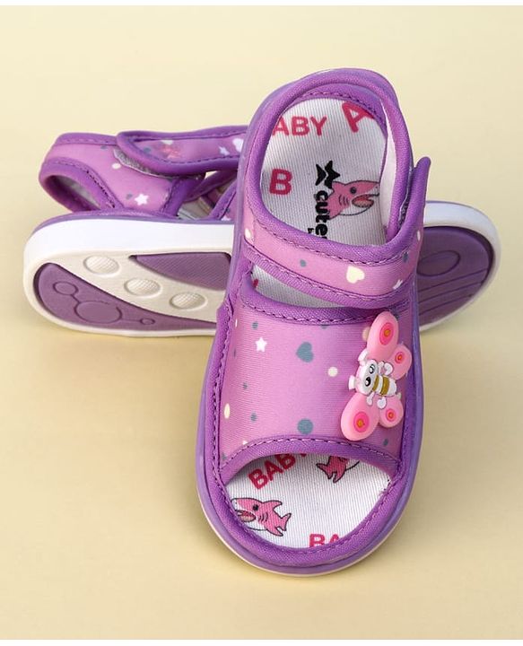 Cute Walk by Babyhug Heart Printed Musical Sandals With Velcro Closure & Butterfly Applique - Purple