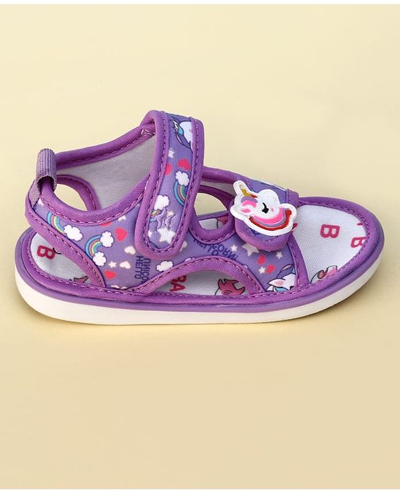 Cute Walk by Babyhug Velcro Closure Musical Sandals With Unicorn Print & Applique - Purple