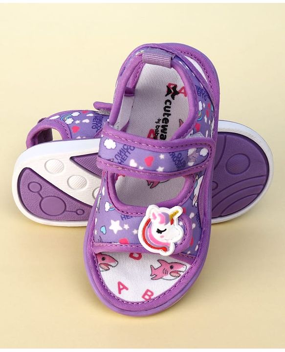 Cute Walk by Babyhug Velcro Closure Musical Sandals With Unicorn Print & Applique - Purple
