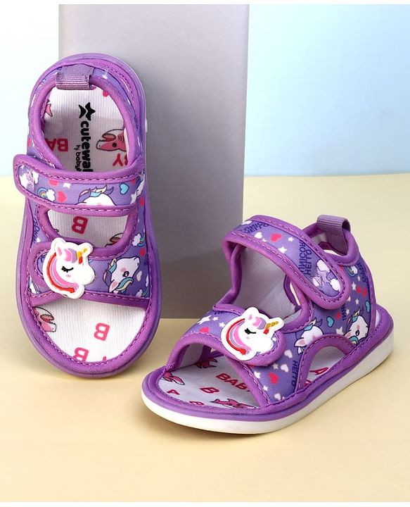 Cute Walk by Babyhug Velcro Closure Musical Sandals With Unicorn Print & Applique - Purple