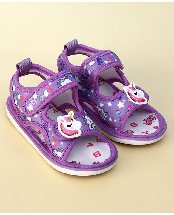 Cute Walk by Babyhug Velcro Closure Musical Sandals With Unicorn Print & Applique - Purple