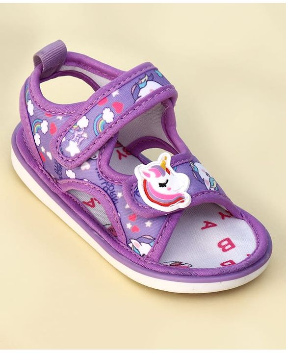 Cute Walk by Babyhug Velcro Closure Musical Sandals With Unicorn Print & Applique - Purple