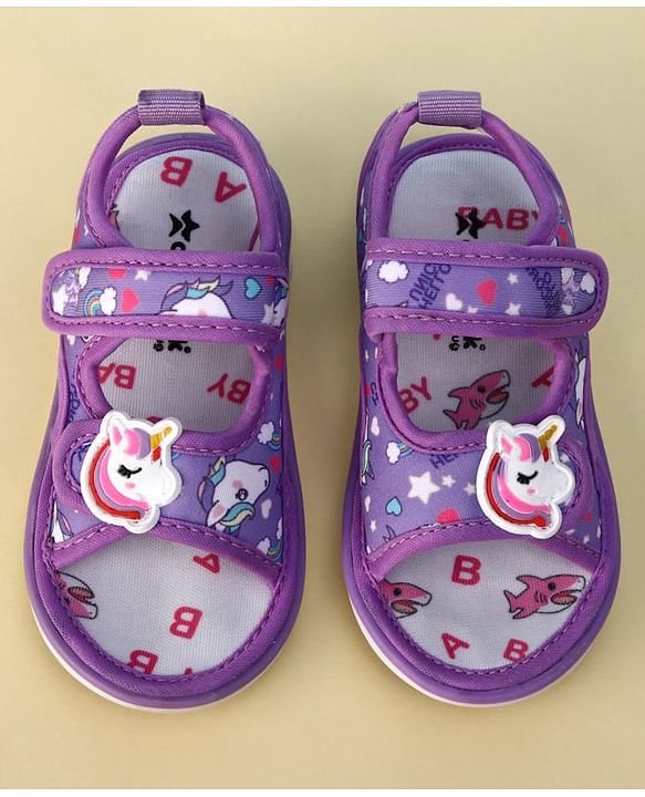 Cute Walk by Babyhug Velcro Closure Musical Sandals With Unicorn Print & Applique - Purple