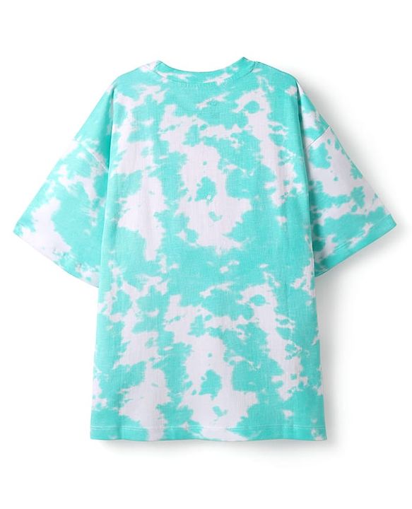 Pine Kids Disney Single Jersey Knit Half Drop Shoulder Sleeves Oversized T-Shirt & Shorts Set With Mickey Mouse & Family Graphics & Tie & Dye Print - Aqua Blue