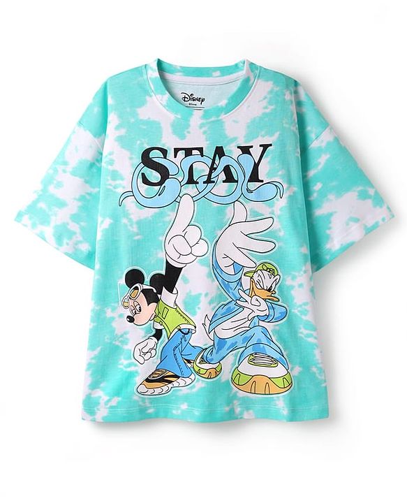 Pine Kids Disney Single Jersey Knit Half Drop Shoulder Sleeves Oversized T-Shirt & Shorts Set With Mickey Mouse & Family Graphics & Tie & Dye Print - Aqua Blue