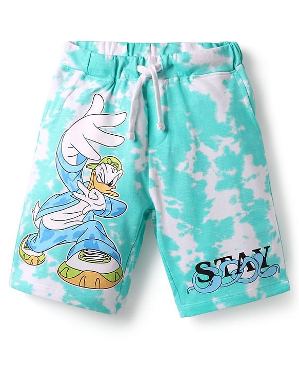 Pine Kids Disney Single Jersey Knit Half Drop Shoulder Sleeves Oversized T-Shirt & Shorts Set With Mickey Mouse & Family Graphics & Tie & Dye Print - Aqua Blue