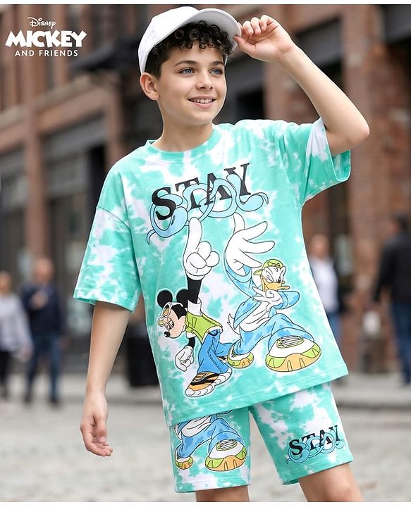 Pine Kids Disney Single Jersey Knit Half Drop Shoulder Sleeves Oversized T-Shirt & Shorts Set With Mickey Mouse & Family Graphics & Tie & Dye Print - Aqua Blue
