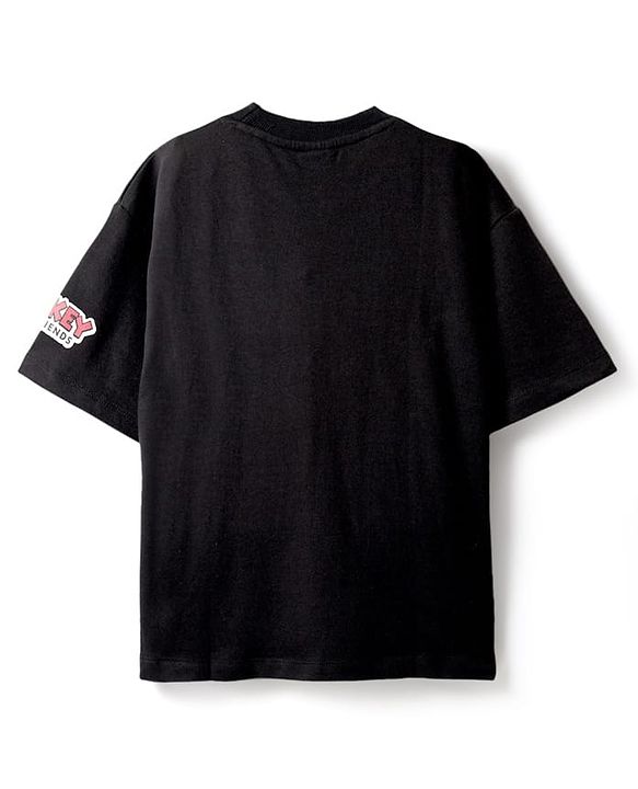 Pine Kids Disney Single Jersey Knit Half Drop Shoulder Sleeves T-Shirt With Mickey Mouse & Family Graphics - Black