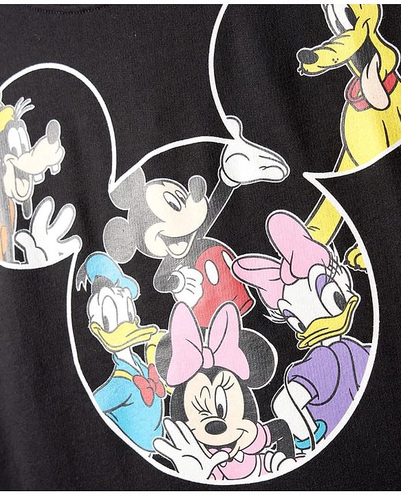 Pine Kids Disney Single Jersey Knit Half Drop Shoulder Sleeves T-Shirt With Mickey Mouse & Family Graphics - Black