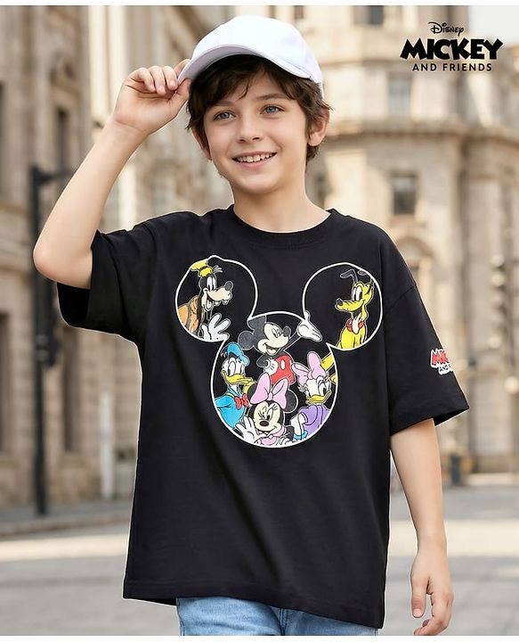 Pine Kids Disney Single Jersey Knit Half Drop Shoulder Sleeves T-Shirt With Mickey Mouse & Family Graphics - Black