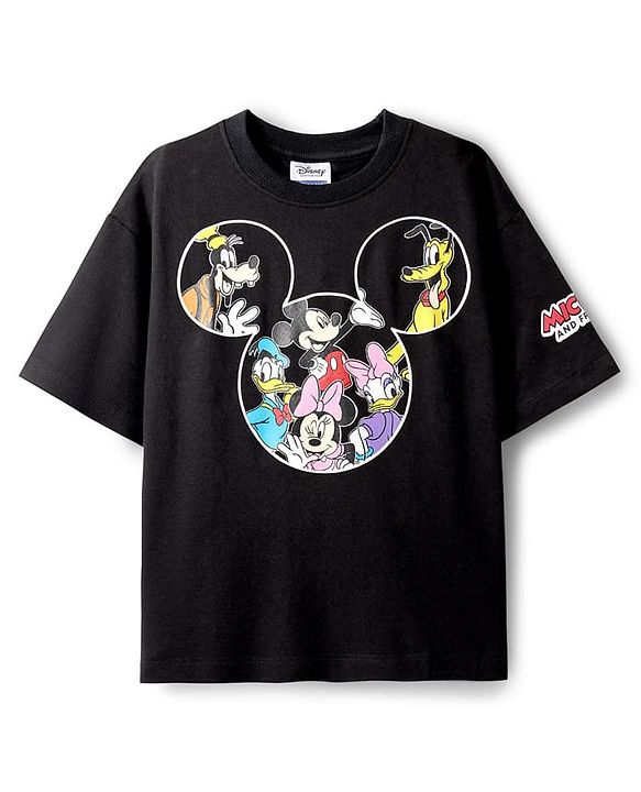 Pine Kids Disney Single Jersey Knit Half Drop Shoulder Sleeves T-Shirt With Mickey Mouse & Family Graphics - Black