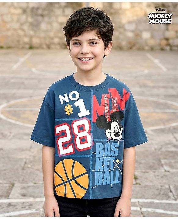Pine Kids Disney Single Jersey Knit Half Drop Shoulder Sleeves Oversized T-Shirt With Mickey Mouse & Family Graphics - Blue