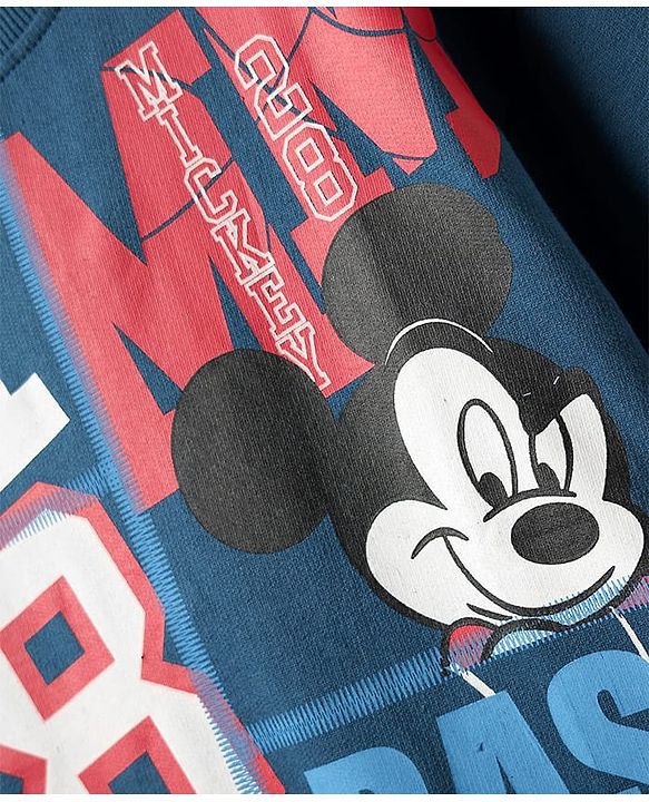 Pine Kids Disney Single Jersey Knit Half Drop Shoulder Sleeves Oversized T-Shirt With Mickey Mouse & Family Graphics - Blue