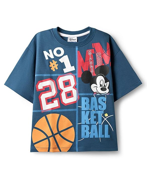 Pine Kids Disney Single Jersey Knit Half Drop Shoulder Sleeves Oversized T-Shirt With Mickey Mouse & Family Graphics - Blue