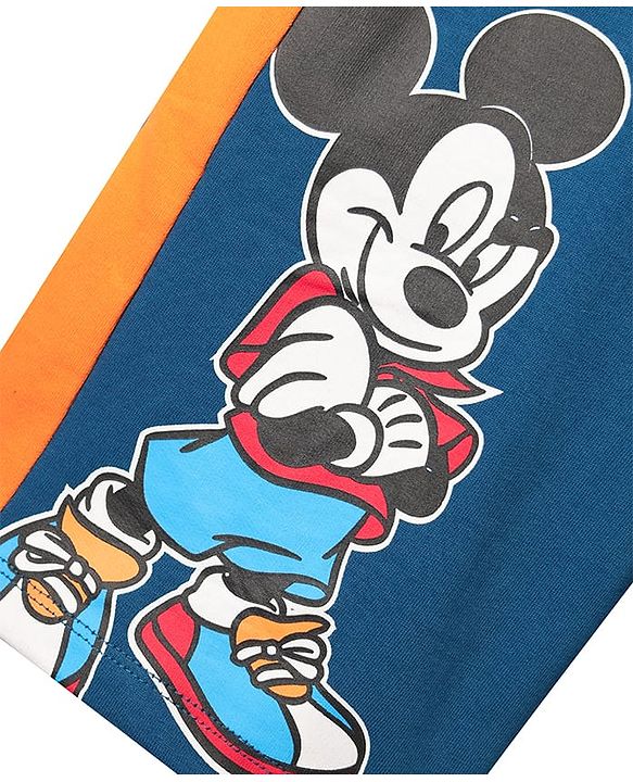 Pine Kids Disney Terry Knit Knee Length Shorts with Cut & Sew Design & Mickey Mouse Print - Navy Blue & Orange