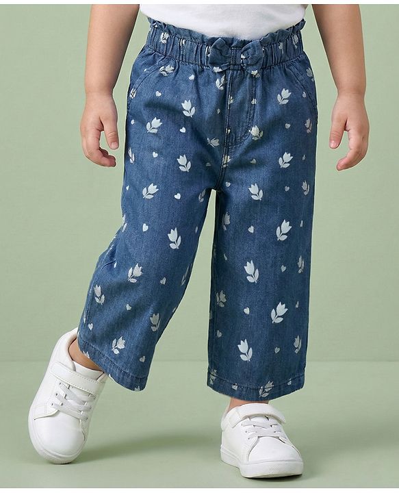 Babyhug Ankle Length Cotton Denim Culottes with Floral Print & Bow Applique - Navy Blue