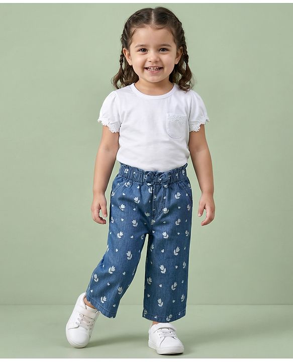 Babyhug Ankle Length Cotton Denim Culottes with Floral Print & Bow Applique - Navy Blue