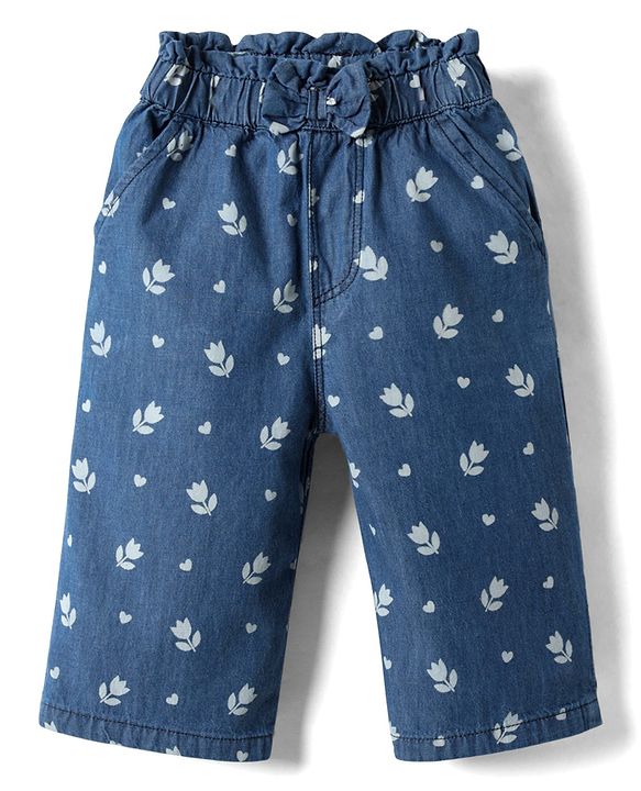 Babyhug Ankle Length Cotton Denim Culottes with Floral Print & Bow Applique - Navy Blue