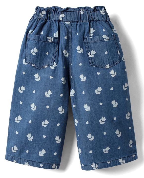 Babyhug Ankle Length Cotton Denim Culottes with Floral Print & Bow Applique - Navy Blue