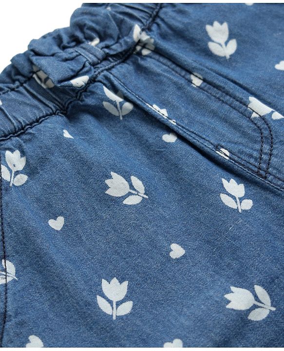Babyhug Ankle Length Cotton Denim Culottes with Floral Print & Bow Applique - Navy Blue