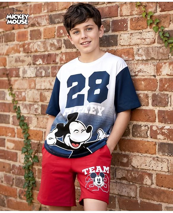 Pine Kids Disney Single Jersey Knit Half Drop Shoulder Sleeves T-Shirt & Shorts Set With Mickey Mouse & Family Graphics - White & Red