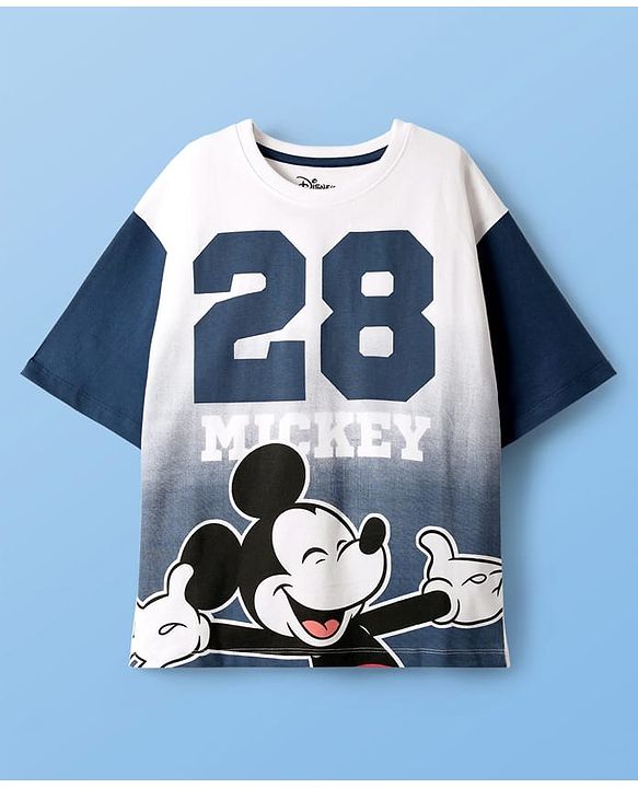 Pine Kids Disney Single Jersey Knit Half Drop Shoulder Sleeves T-Shirt & Shorts Set With Mickey Mouse & Family Graphics - White & Red