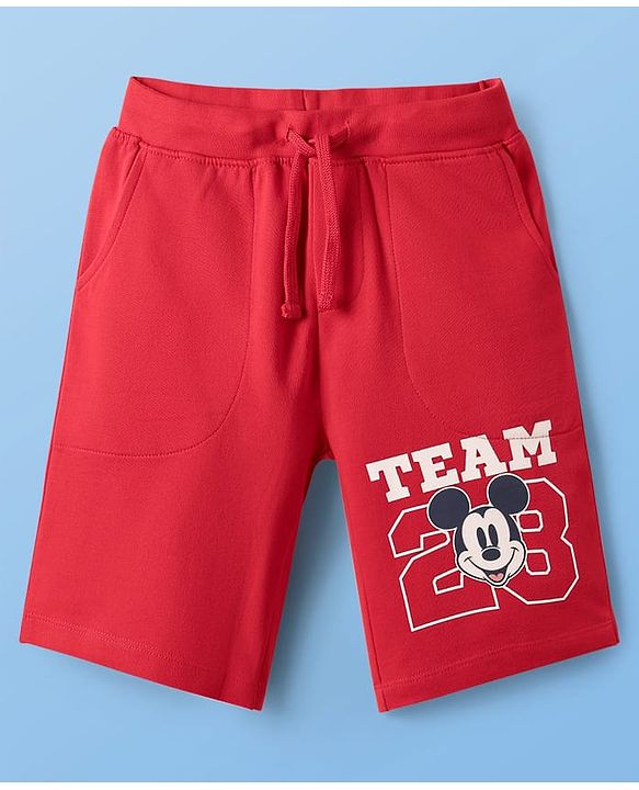 Pine Kids Disney Single Jersey Knit Half Drop Shoulder Sleeves T-Shirt & Shorts Set With Mickey Mouse & Family Graphics - White & Red
