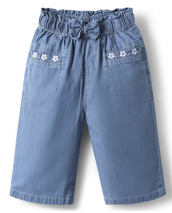 Babyhug 100% Cotton Ankle Length Denim Culotte With Bow Applique & Floral Embroidery - Light Blue