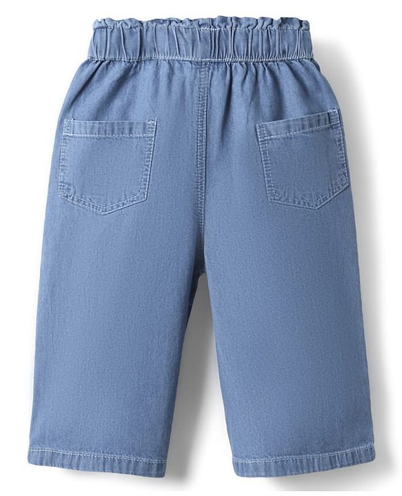 Babyhug 100% Cotton Ankle Length Denim Culotte With Bow Applique & Floral Embroidery - Light Blue
