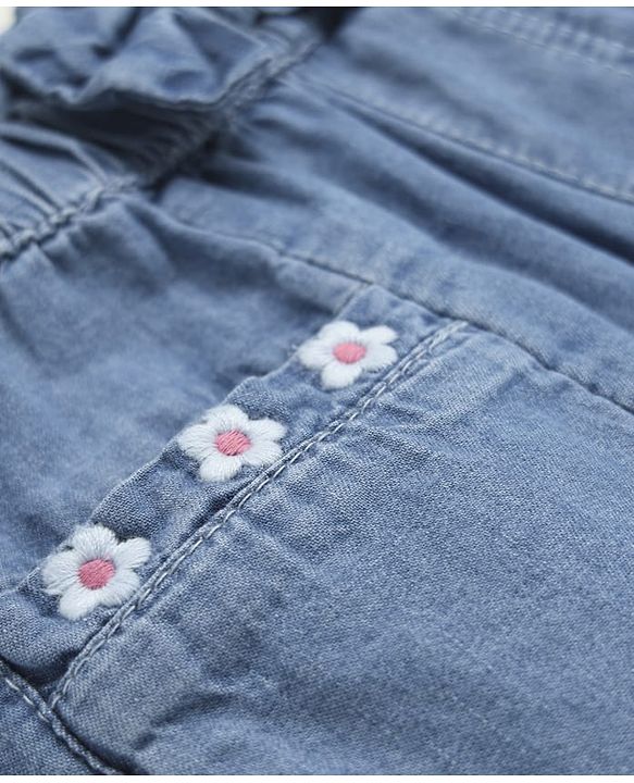 Babyhug 100% Cotton Ankle Length Denim Culotte With Bow Applique & Floral Embroidery - Light Blue