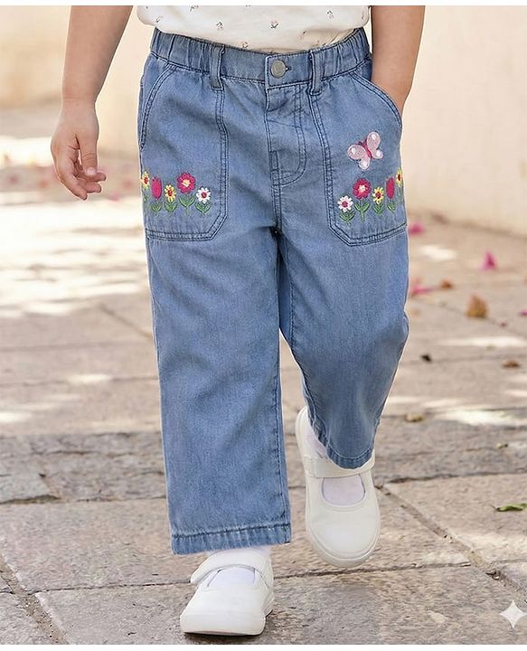 Babyhug Ankle Length Cotton Denim Culottes with Floral Embroidery - Light Blue