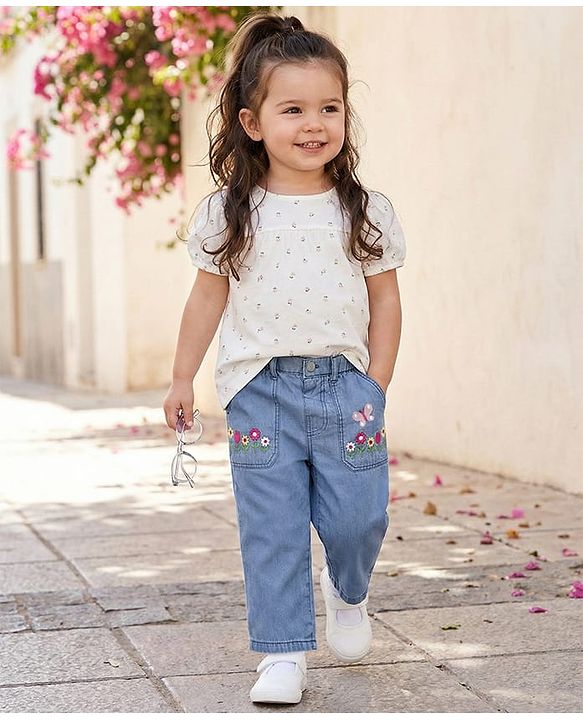 Babyhug Ankle Length Cotton Denim Culottes with Floral Embroidery - Light Blue