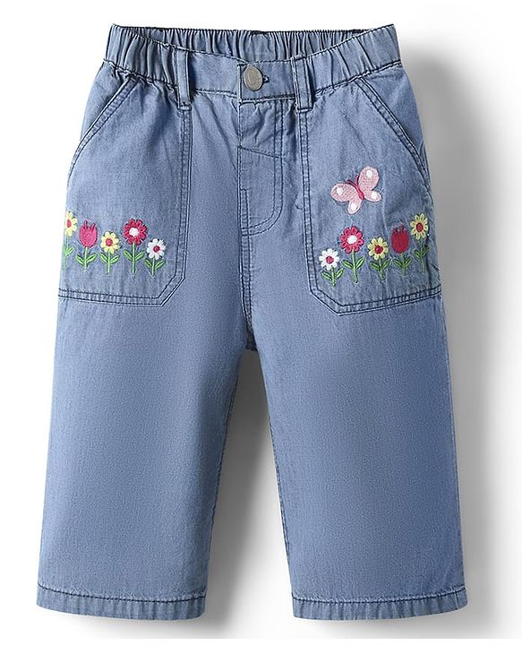 Babyhug Ankle Length Cotton Denim Culottes with Floral Embroidery - Light Blue