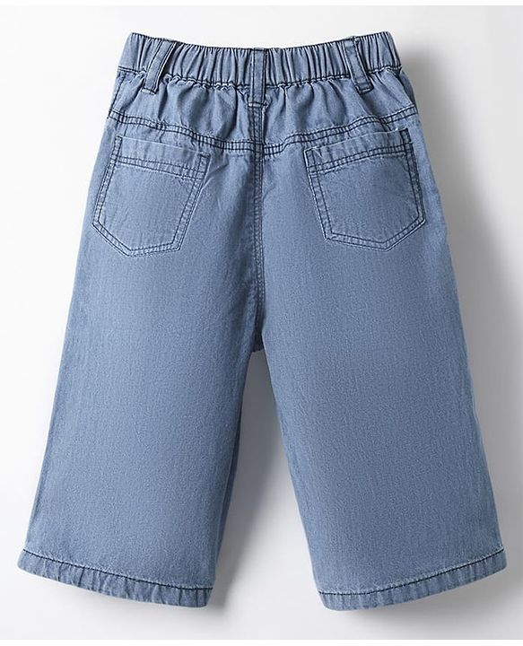 Babyhug Ankle Length Cotton Denim Culottes with Floral Embroidery - Light Blue