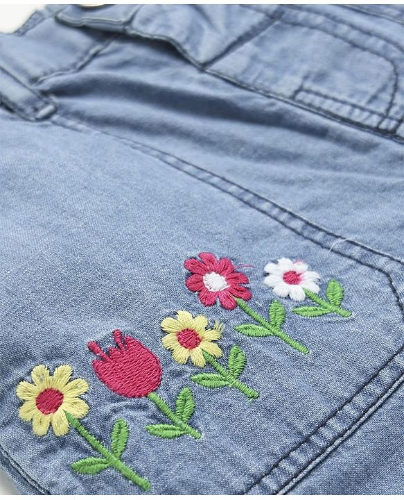 Babyhug Ankle Length Cotton Denim Culottes with Floral Embroidery - Light Blue