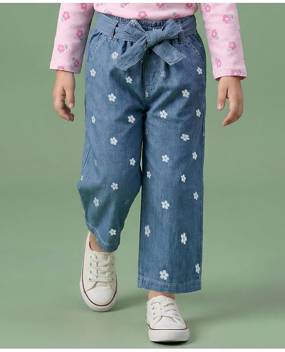 Babyhug Cotton Denim Ankle Length Culottes with Belt & Floral Print - Blue