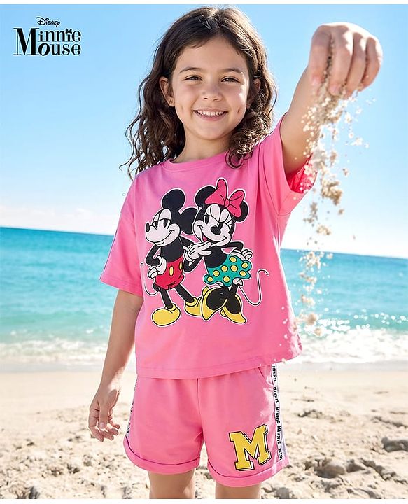Pine Kids Disney Single Jersey Knit Half Drop Shoulder Sleeves Oversized T-Shirt & Cut & Sew Shorts Set With Minnie Mouse & Family Graphics - Pink